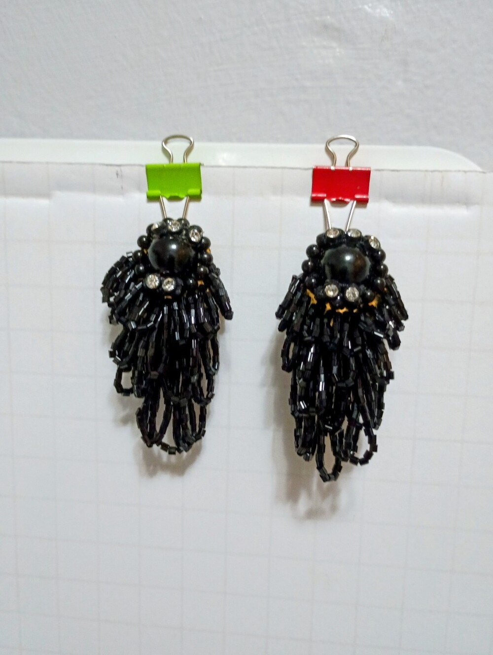 Vintage Black Beaded Dangle Clip On Earrings